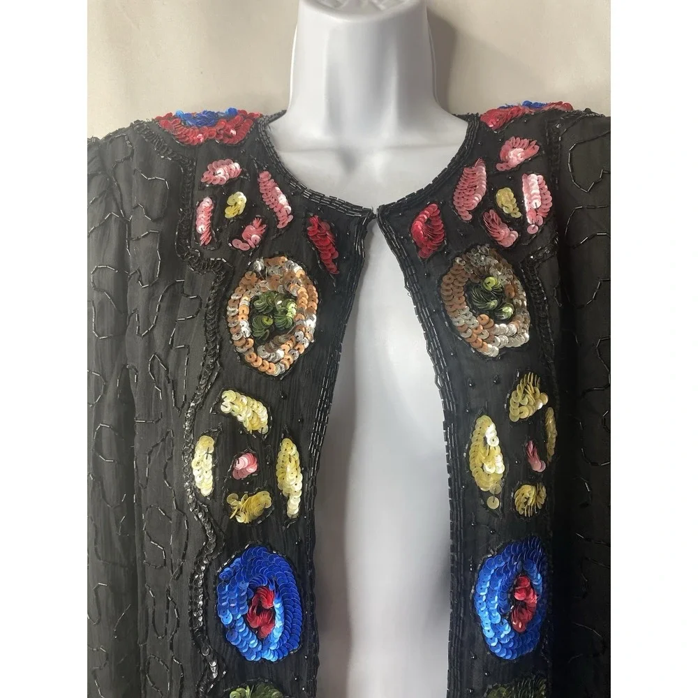 Vintage Felicity Sequined 100% Silk Jacket Size Large Rave Wear Bling Divas Y2K